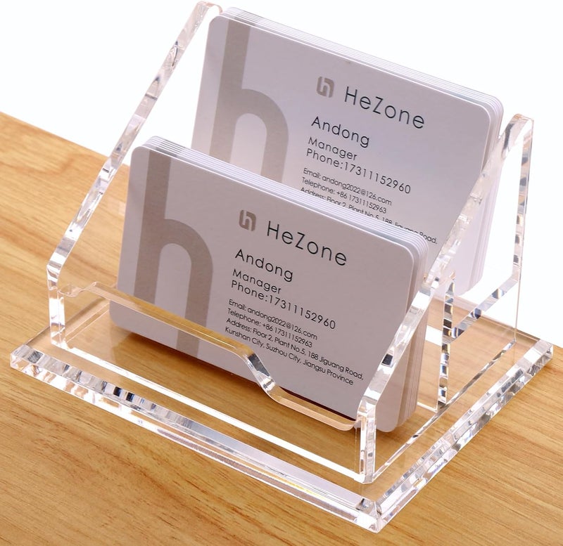 HeZone Acrylic Business Card Holder For Desk Clear Business Card Display Stand 2 Tier 2 Slots Business Cards Holders for Men And Woman, Organize 100 Cards-1 Pack (2 Solt-H) - Image 2